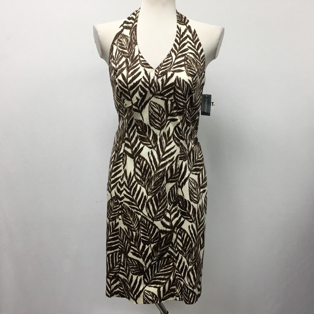 Jones New York Signature Womens Dress Size 4 Brown Ivory Cream Leaves Halter NWT